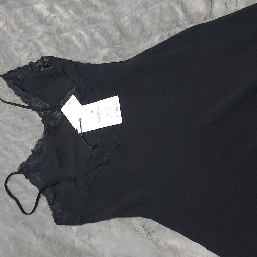 Zara Zw Collection Black Slip Lace Trim Sheer Dress Sz-L - Picture 10 of 11